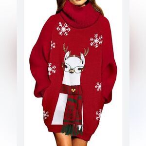 Women’s Oversized Turtleneck Red Christmas Sweater(Size Medium)